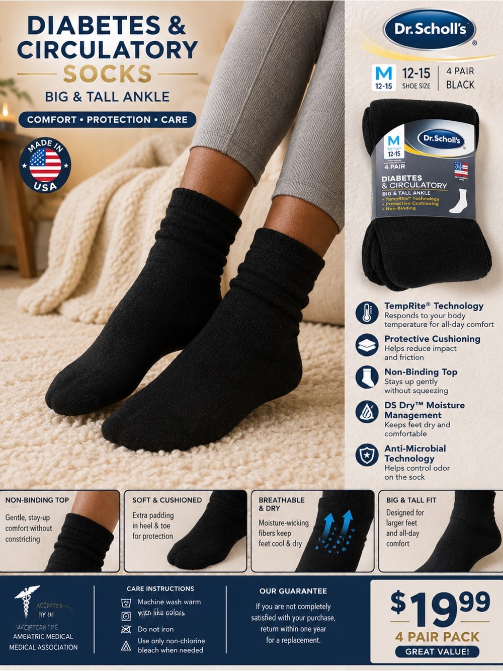 Dr. Scholl's Black Ankle Diabetes & Circulatory Socks - 4 Pack